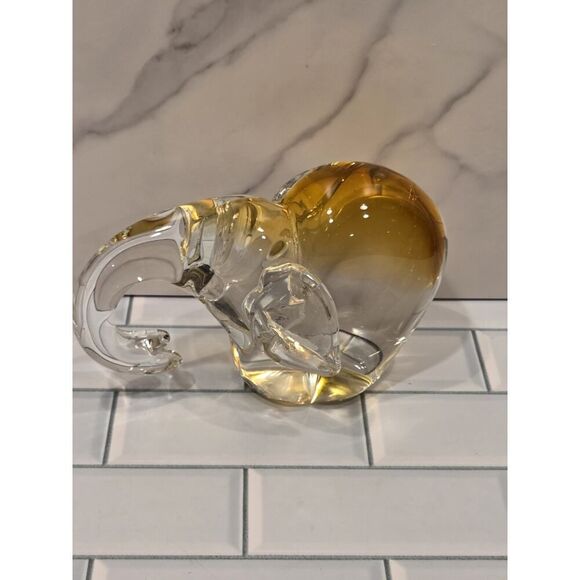 Art Glass Elephant Sculpture/Paperweight Heavy Murano Style Clear & Amber GUC - Picture 13 of 13